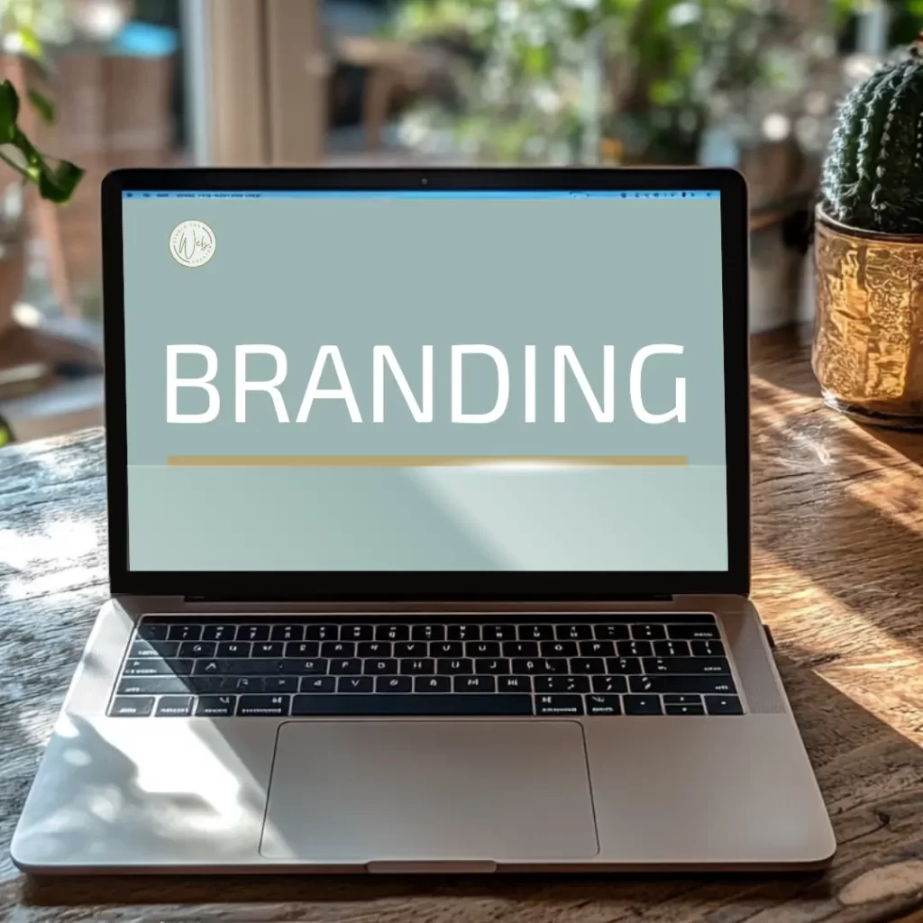 Laptop op een houten tafel met het woord ‘Branding’ op het scherm, symbool voor het ontwikkelen van een visuele identiteit die past bij jouw bedrijf