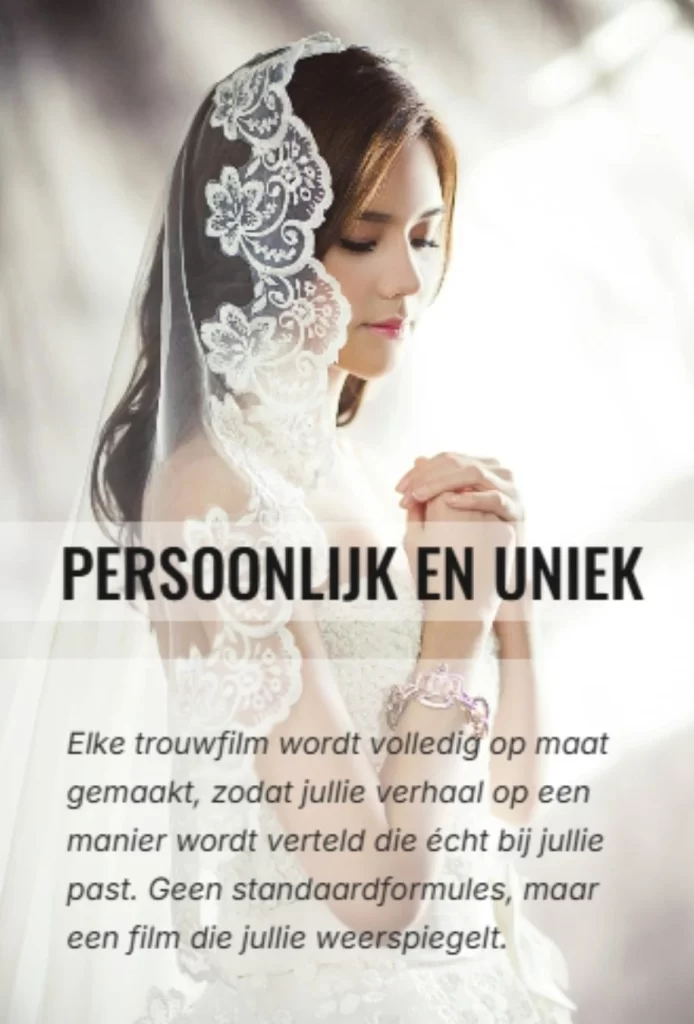 Bruid met kanten sluier in een rustig moment, symbool voor een persoonlijke en unieke trouwfilm op maat.