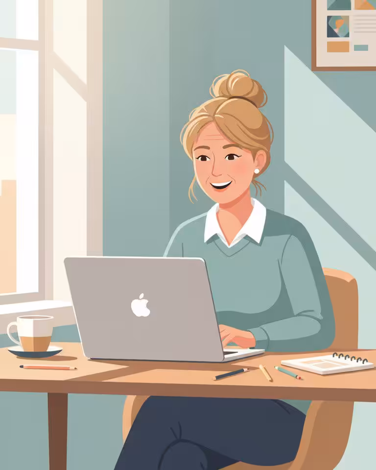 Een moderne illustratie van een creatieve vrouw die met een glimlach achter haar laptop werkt in een zonnige kamer. Het beeld symboliseert de 'creatieve ziel met strategische blik' waarmee Marion werkt aan websites die echt bij de klant passen.