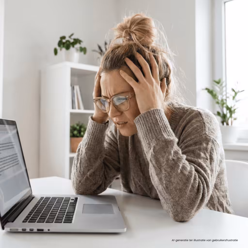 AI-gegenereerde illustratie van een vrouw die gefrustreerd met haar handen in het haar achter een laptop zit, als voorbeeld van hoe een ontoegankelijke website voelt voor een gebruiker.