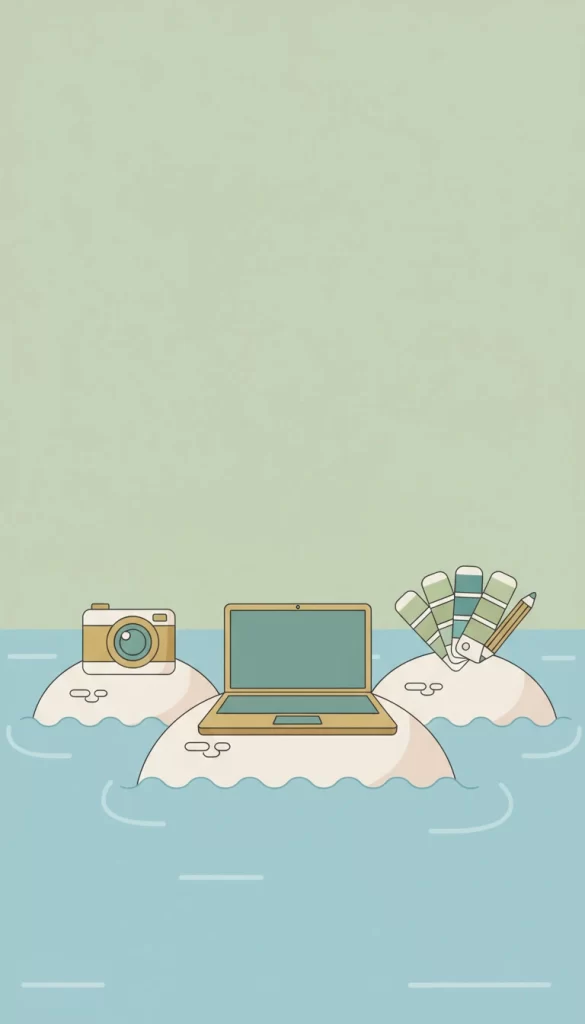 Een illustratie van drie eilanden in een kalme, groene zee die de pijlers van The Web Creator visualiseren. Op de eilanden staan een camera (fotografie), een laptop (webdesign) en een schilderspalet (branding), wat de rust en eenheid van 'alles in één hand' symboliseert.