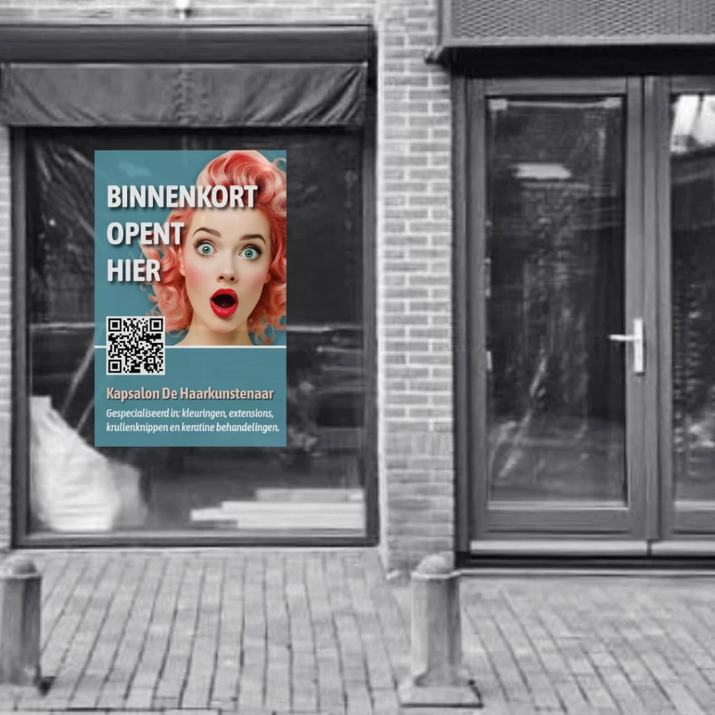 Raamsticker met promotionele bestickering op winkelgevel in het Gooi