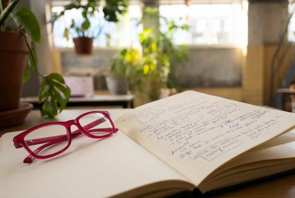 Roze bril op een open notitieboek met aantekeningen over webdesign, SEO, AI en digitale toegankelijkheid.