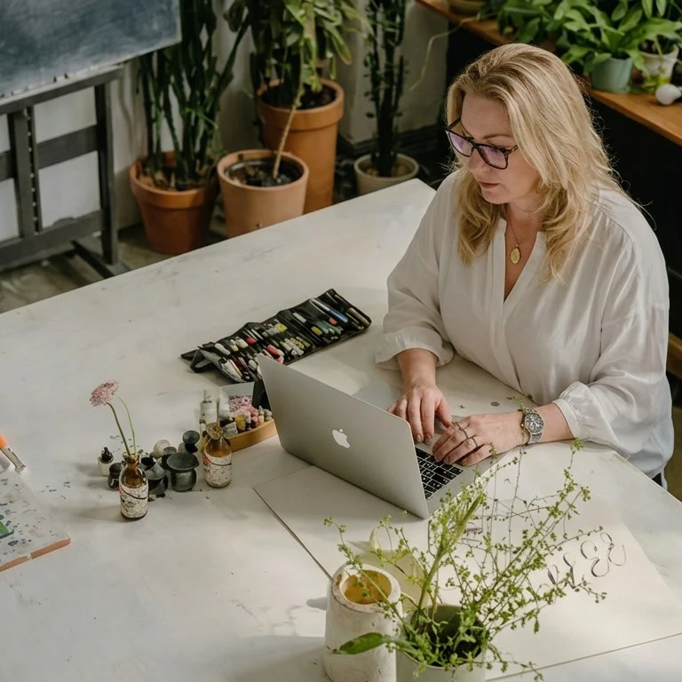 Vrouwelijke ondernemer werkt achter haar laptop in een creatieve studio, passend bij branding, contentcreatie en het ontwikkelen van een sterke visuele identiteit.