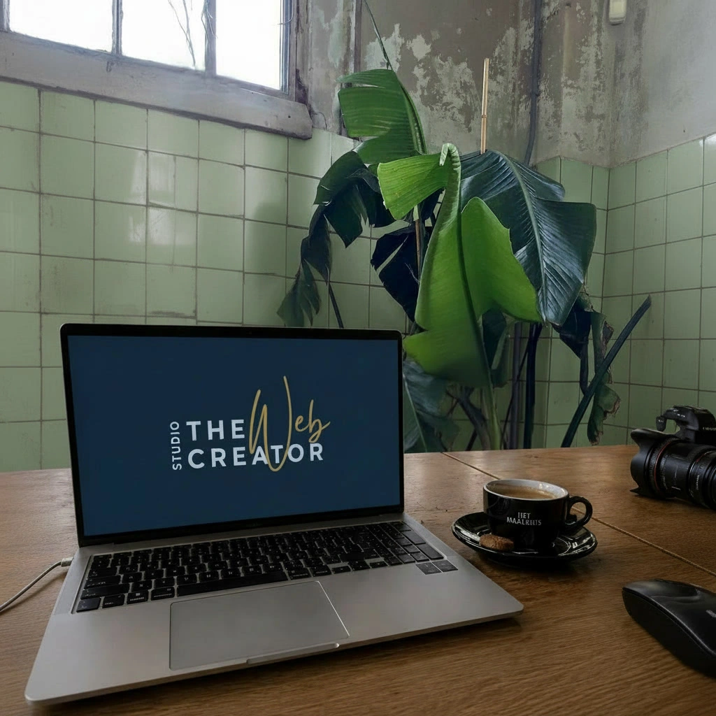 "Laptop met het logo van Studio The WebCreator voor een zachtgroene tegelwand met plant, op een houten tafel