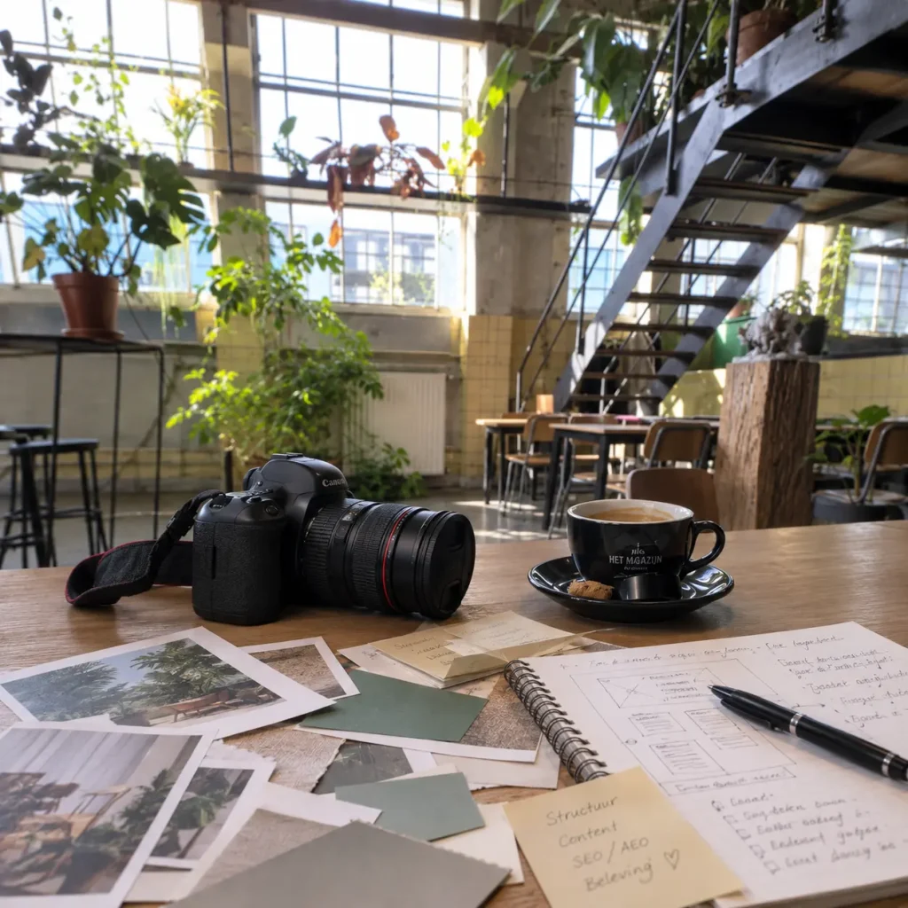 Werktafel met camera, moodboard, kleurstalen en websiteschetsen voor de ontwikkeling van een maatwerk website