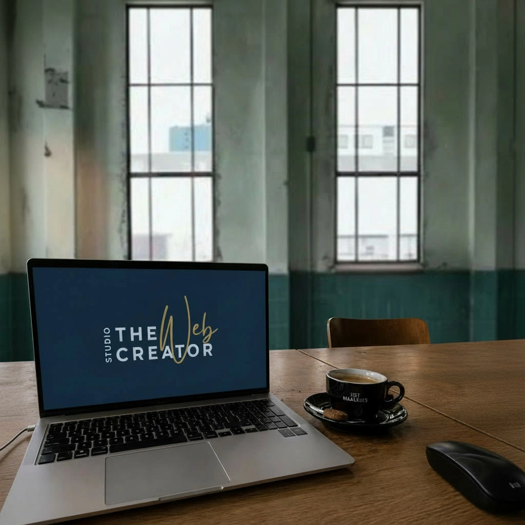 Werkplek met laptop, camera en koffie van Studio The Web Creator.