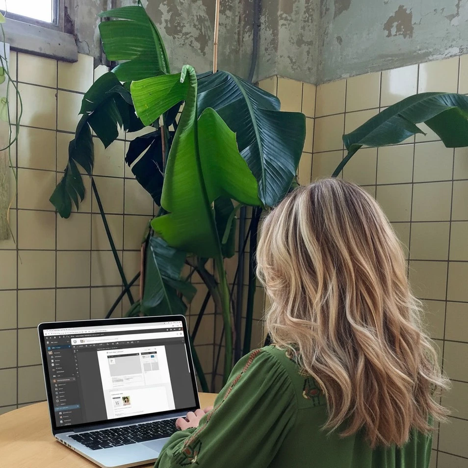 Webdesigner werkt op haar laptop in WordPress aan het bouwen van een maatwerk website